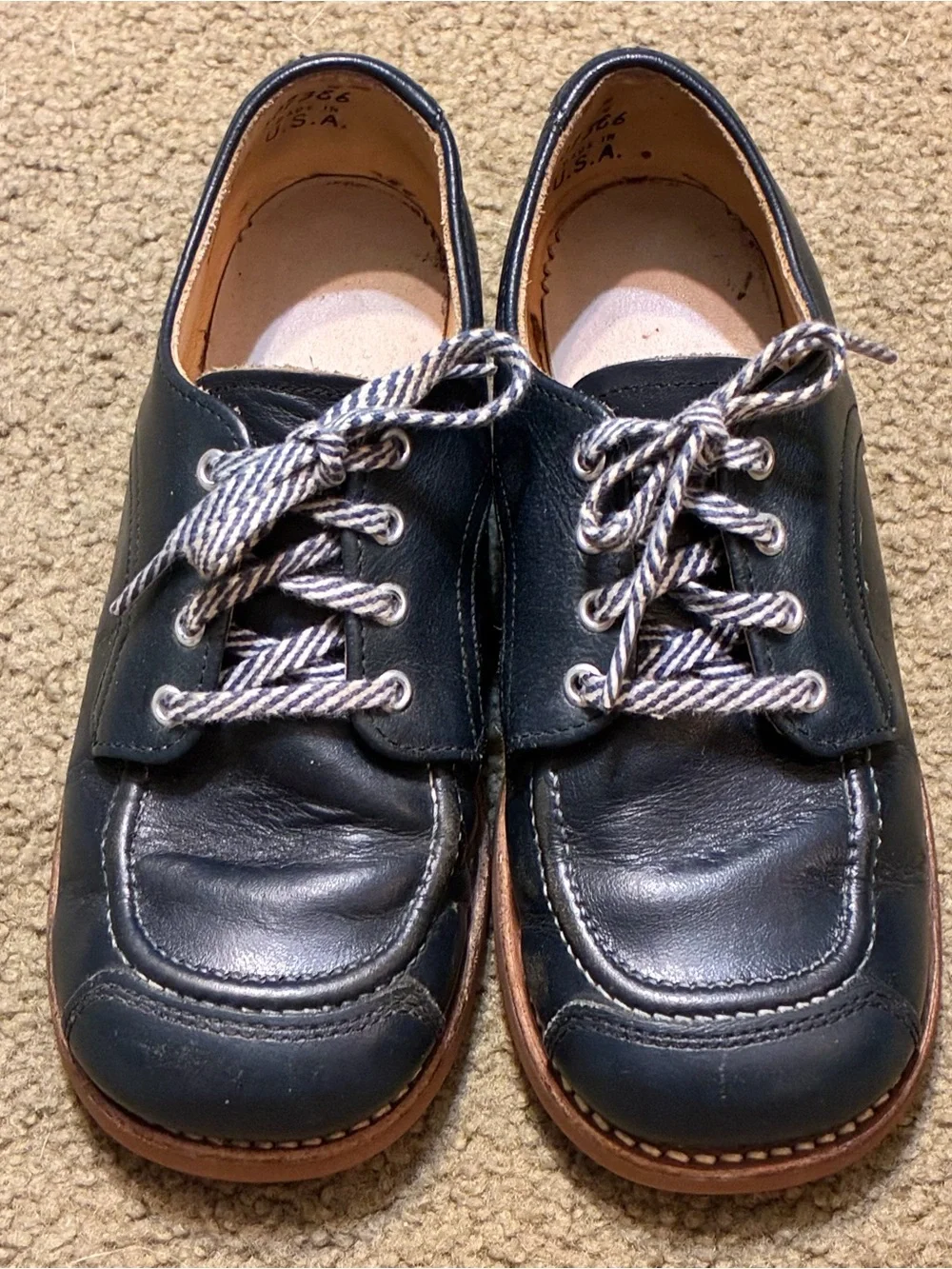 Vintage 60/70s Kids Navy Blue Leather Casual Lace-Up Scuff Tip Shoes Youth 12EE